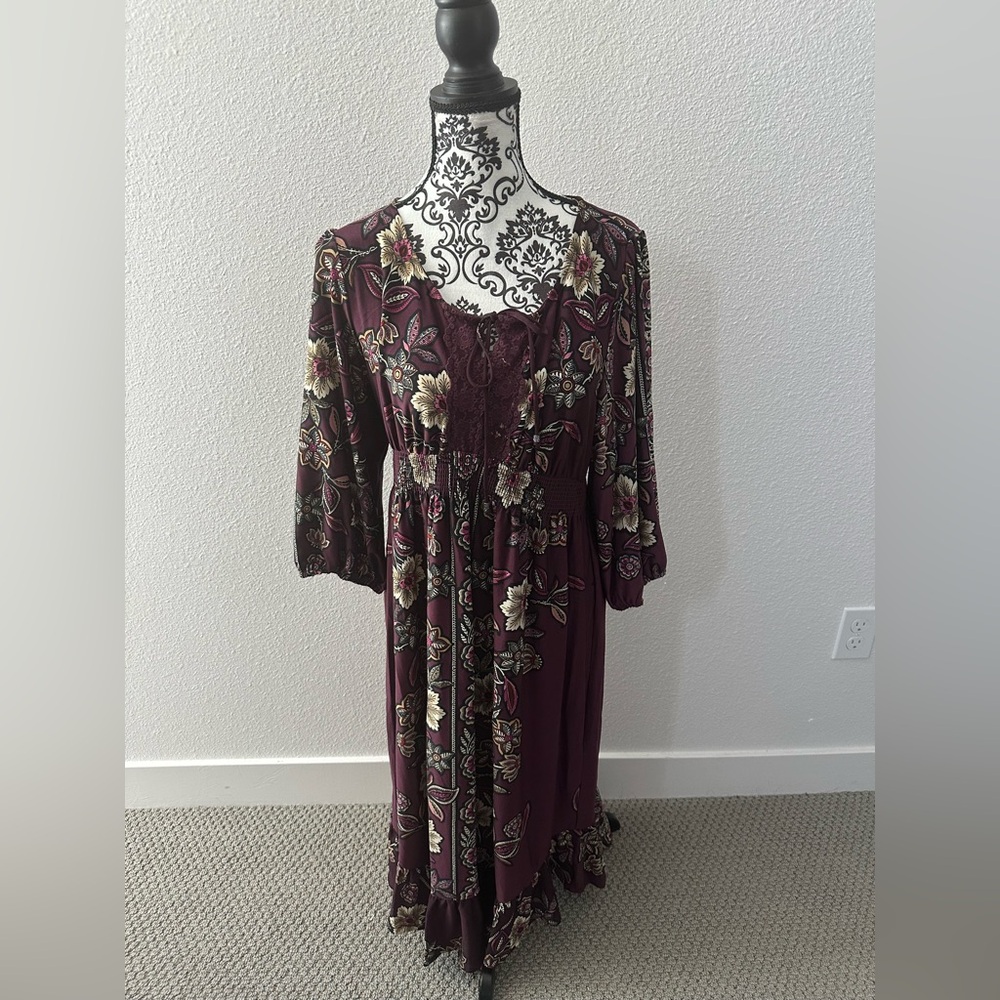 One World Burgundy Floral Maxi Dress Boho Cottagecore Peasant 3/4 Sleeve XL